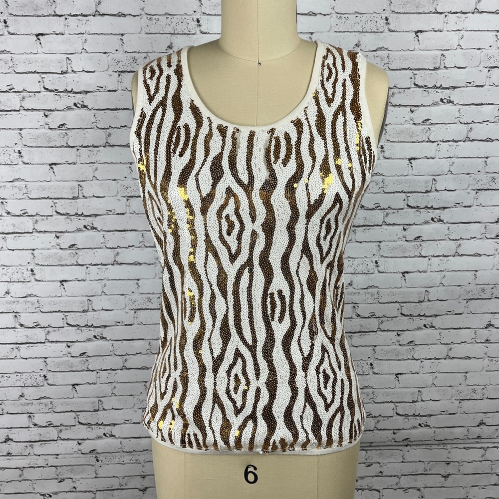 Vintage rayon white & gold sequin sleeveless tank top size S